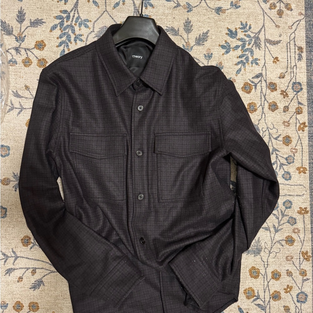 Theory Garvin men’s flannel shirt jacket medium recycled wool purple multicolor